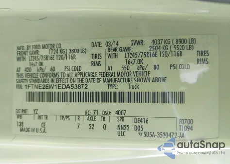 2014 Ford E-250 Commercial z USA, uszkodzony, nr VIN 1FTNE2EW1EDA53872